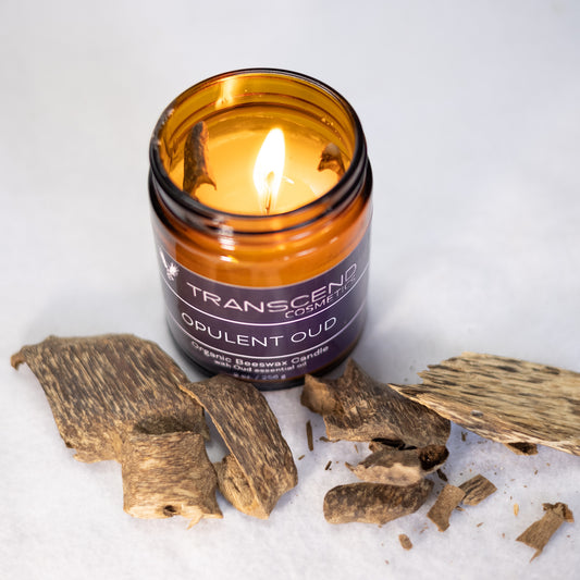 organic candle, transcend cosmetics candle, transcend cosmetics, transcend cosmetics beeswax candle,essential oil, essential oil candle, candle, beeswax candle, opulent oud, opulent oud candle, oud candle, opulent oud transcend cosmetics, transcend cosmetics oud candle, transcend cosmetics opulent oud,