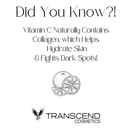 The image features an educational graphic from Transcend Cosmetics with the title "Did You Know?!" The text explains that Vitamin C naturally contains collagen, which helps hydrate skin and fights dark spots. Below the text, there's an illustration of a sliced lemon, symbolizing the source of Vitamin C. The Transcend Cosmetics logo is placed at the bottom of the image, reinforcing the brand identity.
Did you know, vitamin c naturally contains collagen which helps hydrate skin, 