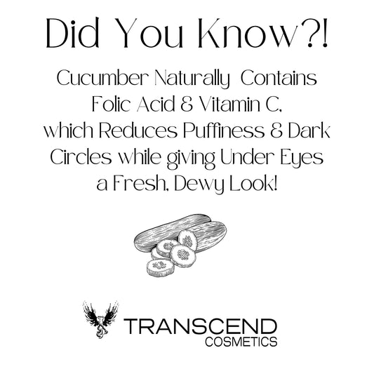 The image features an educational graphic titled "Did You Know?!" which highlights the skincare benefits of cucumber. It states that cucumber naturally contains folic acid and vitamin C, which reduce puffiness and dark circles while giving under eyes a fresh, dewy look. An illustration of cucumbers and cucumber slices accompanies the text, emphasizing the natural ingredient. The Transcend Cosmetics logo is displayed at the bottom of the graphic.
