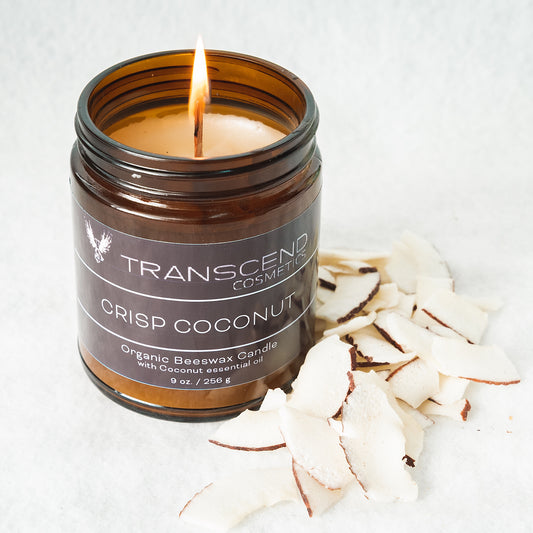 organic candle, transcend cosmetics candle, transcend cosmetics, transcend cosmetics beeswax candle,essential oil, essential oil candle, candle, beeswax candle, crisp coconut, crispy coconut
