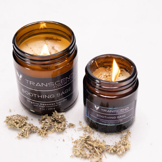 organic candle, transcend cosmetics candle, transcend cosmetics, transcend cosmetics beeswax candle,essential oil, essential oil candle, candle, beeswax candle, soothing sage, sage candle, sage essential oil, essential oil candle, transcend cosmetics soothing sage