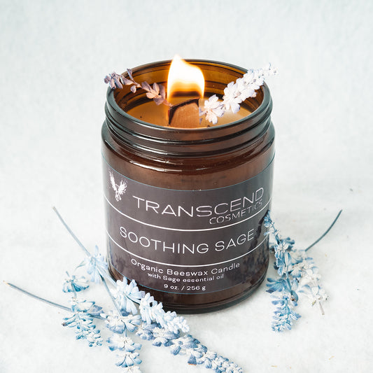 organic candle, transcend cosmetics candle, transcend cosmetics, transcend cosmetics beeswax candle,essential oil, essential oil candle, candle, beeswax candle, soothing sage, sage candle, sage essential oil, essential oil candle, transcend cosmetics soothing sage